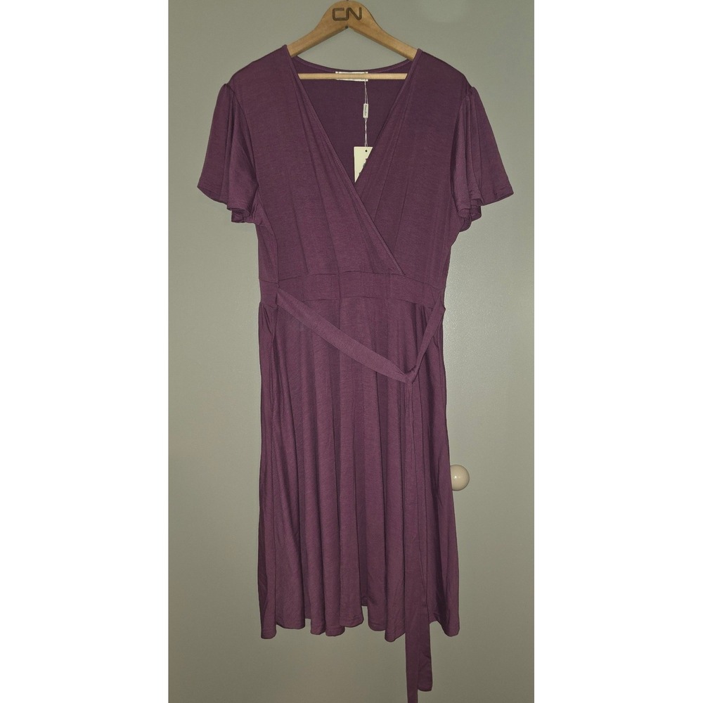 Nemidor Plus Size Plum Purple Wrap Dress V-Neck Flutter Sleeve US 18 NWT